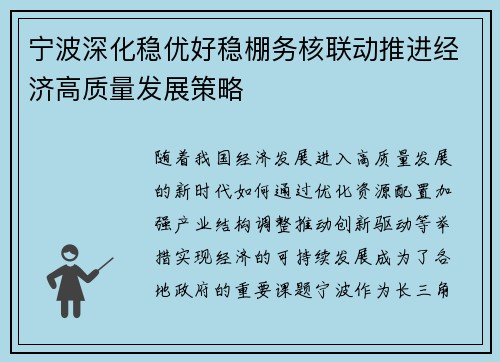 宁波深化稳优好稳棚务核联动推进经济高质量发展策略