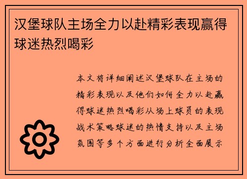 汉堡球队主场全力以赴精彩表现赢得球迷热烈喝彩